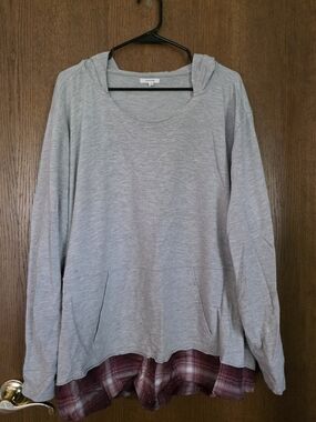 Maurices Light Gray Hoodie with Burgundy Plaid Hem